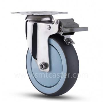 Stainless Steel Medium Weight 5.0 inch Swivel Plate Caster with Total Brake